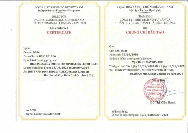 Chứng chỉ vận hành máy nén khí