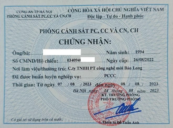 chứng chỉ huấn luyện nghiệp vụ pccc