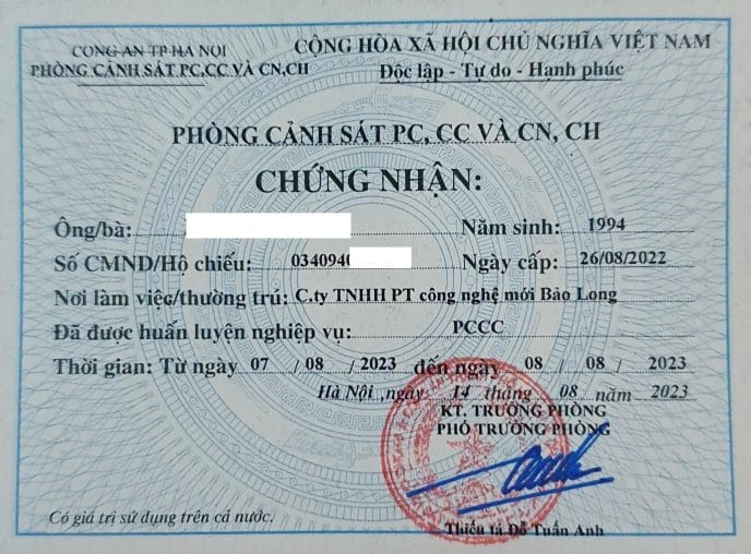 chung nhan huan luyen pccc