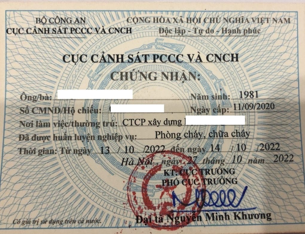 chứng nhận huấn luyện nghiệp vụ phòng cháy chữa cháy